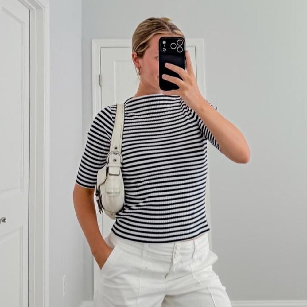 old navy navy and white striped boatneck top